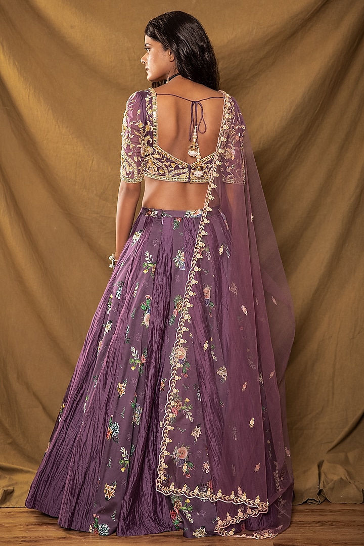Dull Purple Printed Kalidar Wedding Lehenga Set by Pesha at Pernia's Pop Up Shop