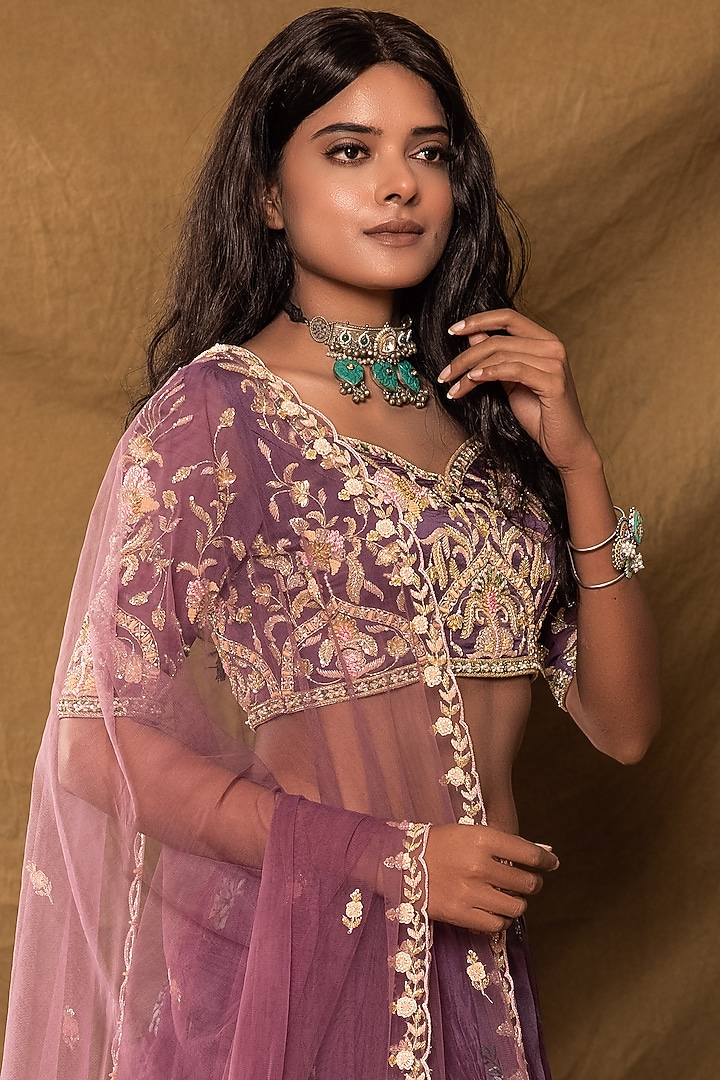 Dull Purple Printed Kalidar Wedding Lehenga Set by Pesha at Pernia's Pop Up Shop