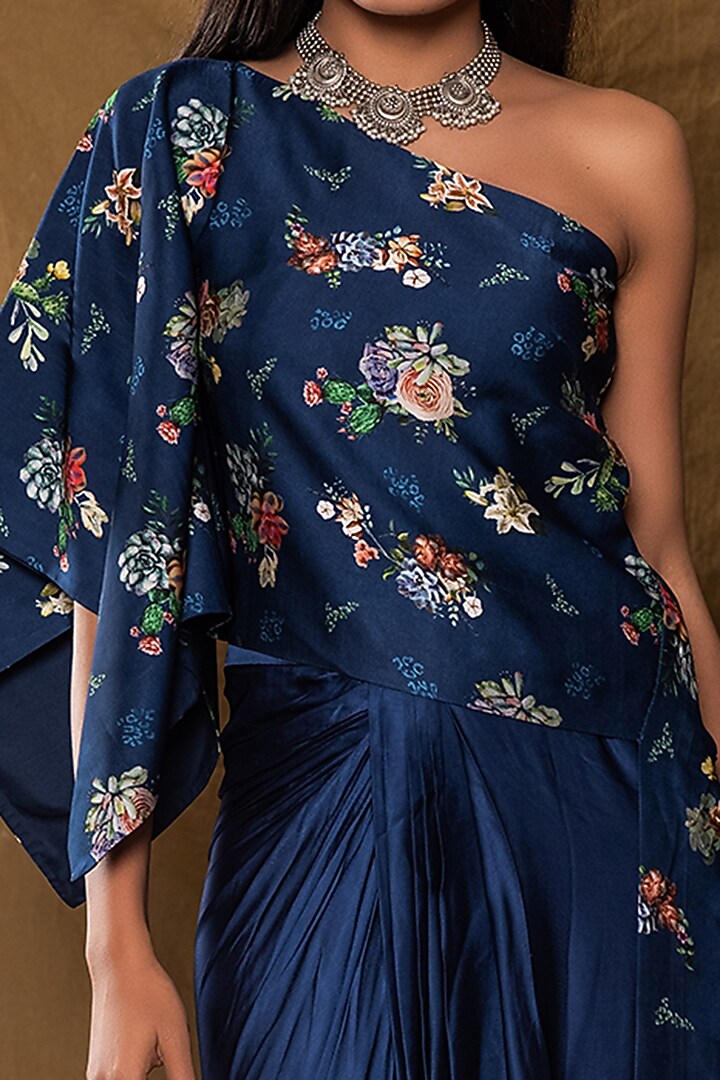Electric Blue Printed Draped Lungi Skirt Set by Pesha at Pernia's Pop Up Shop