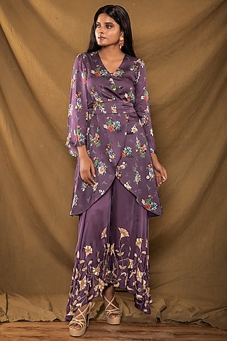 Dull Purple Embroidered Jacket Set by Pesha