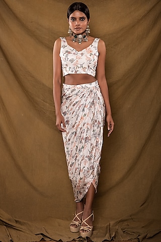 WINE BURGUNDY FLARED PALAZZO PANT SET PAIRED WITH A FLORAL PRINTED DRAPED  TOP AND AN EMBROIDERED BELT. - Seasons India