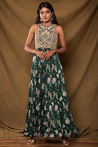 Bottle Green Embroidered Jumpsuit by Pesha