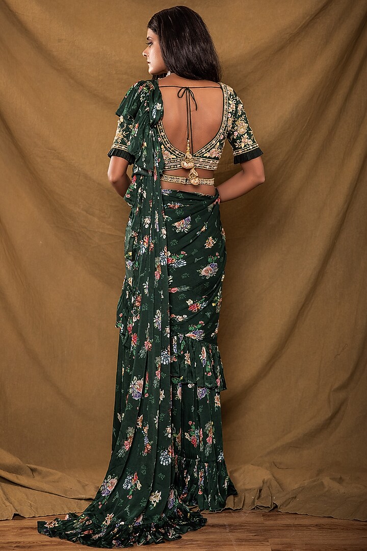 Bottle Green Georgette Satin Printed Ruffled Wedding Saree Set by Pesha at Pernia's Pop Up Shop