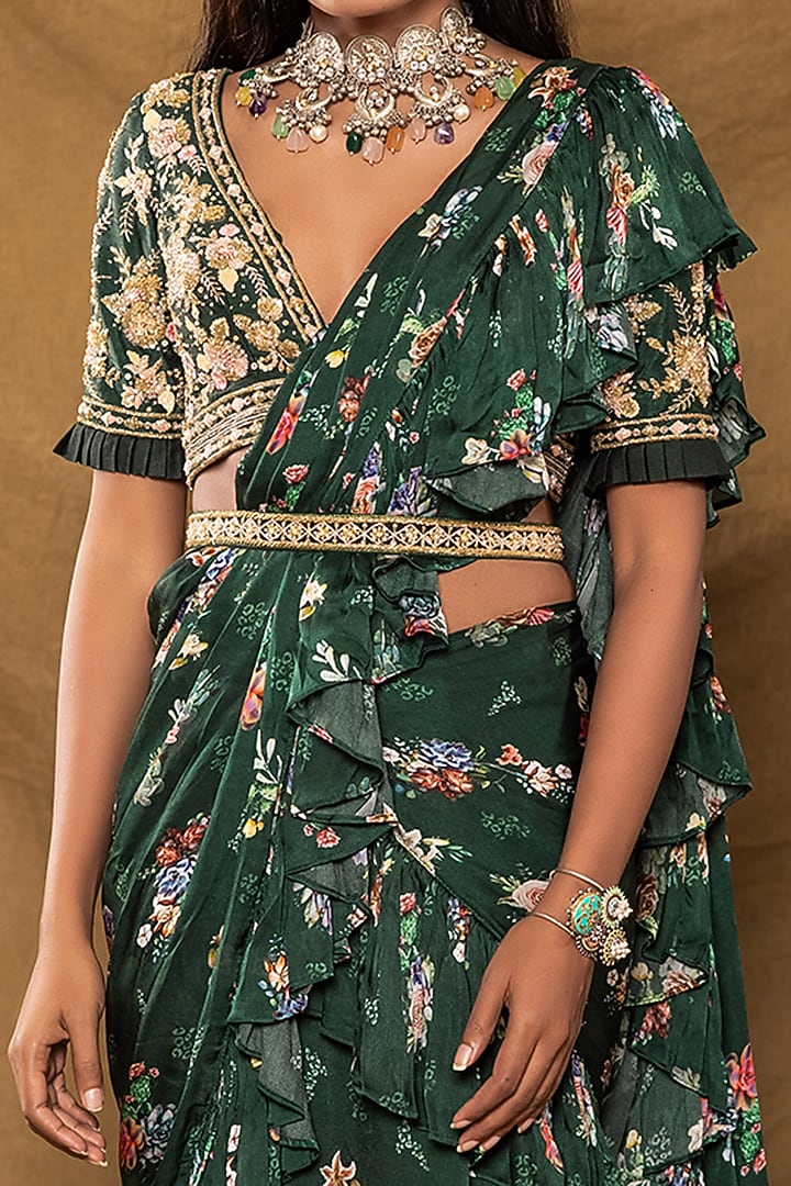 Bottle Green Georgette Satin Printed Ruffled Wedding Saree Set by Pesha at Pernia's Pop Up Shop
