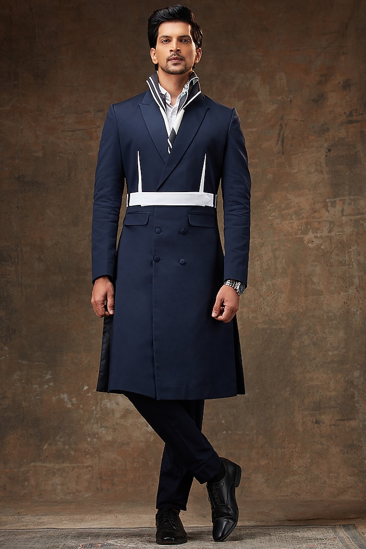 Dark Blue Cotton Indo-Western Jacket Set by Pesha Men