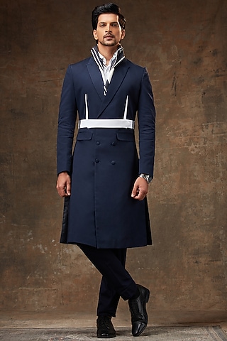 Dark Blue Cotton Indo-Western Jacket Set by Pesha Men