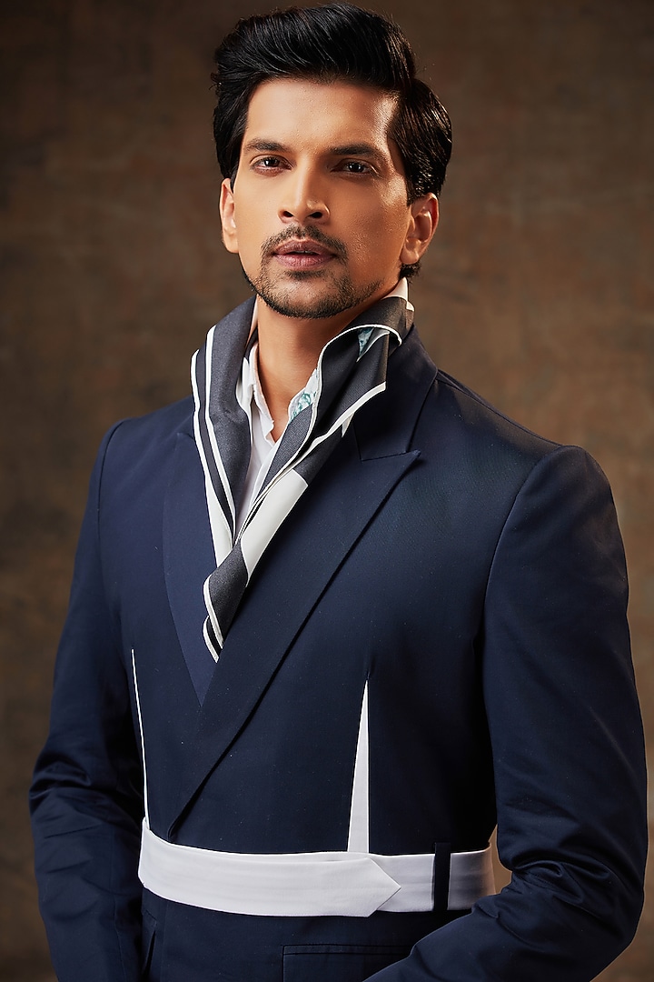 Dark Blue Cotton Indo-Western Jacket Set by Pesha Men at Pernia's Pop Up Shop