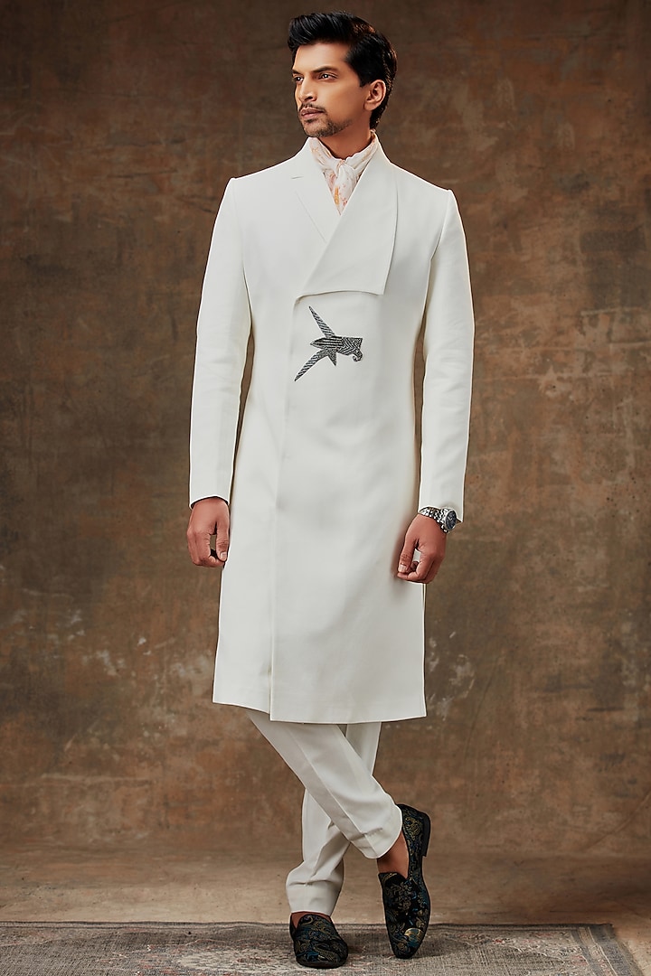 Ivory Linen Suiting Sherwani Set by Pesha Men