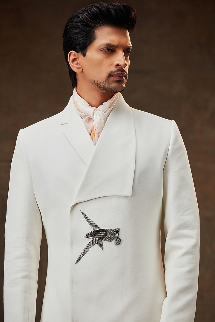 Ivory Linen Suiting Wedding Sherwani Set by Pesha Men at Pernia's Pop Up Shop