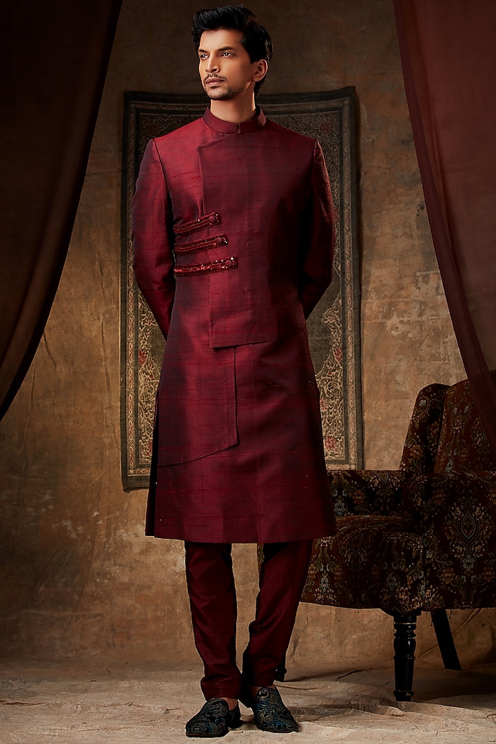 Red Raw Silk Bandhgala Set by Pesha Men