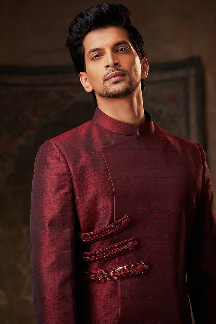 Red Raw Silk Wedding Bandhgala Set by Pesha Men at Pernia's Pop Up Shop