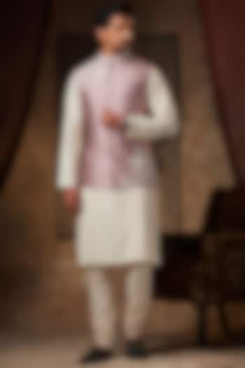Powder Pink Embellished Nehru Jacket With Kurta Set by Pesha Men
