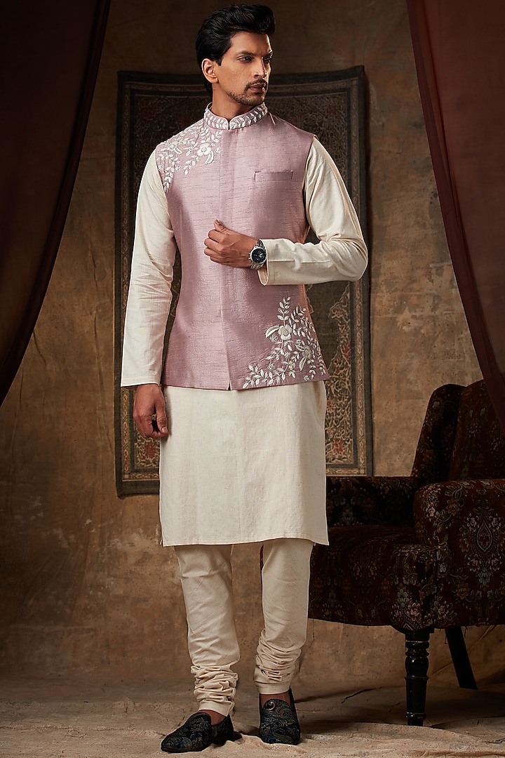 Powder Pink Embellished Nehru Jacket With Kurta Set by Pesha Men