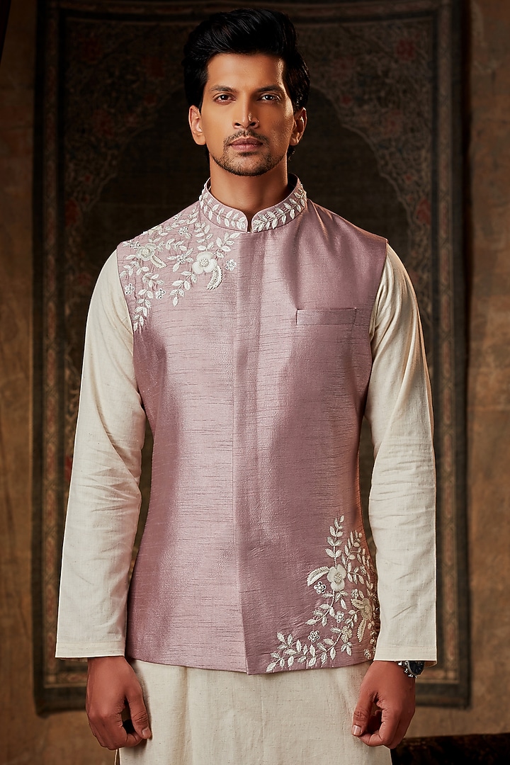 Powder Pink Embellished Nehru Jacket With Kurta Set by Pesha Men at Pernia's Pop Up Shop