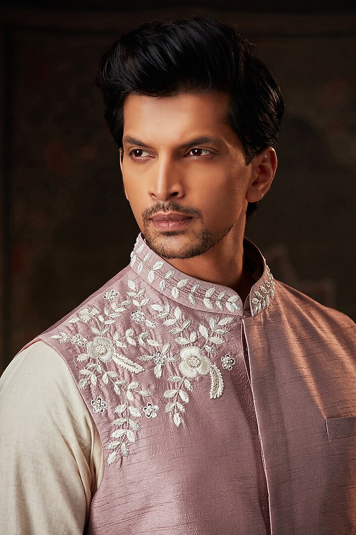 Powder Pink Embellished Nehru Jacket With Kurta Set by Pesha Men at Pernia's Pop Up Shop