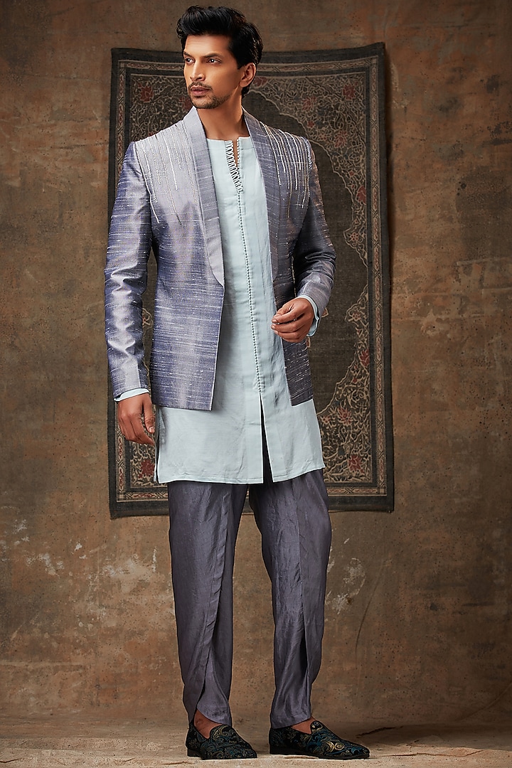 Grey Raw Silk Indo-Western Jacket Set by Pesha Men