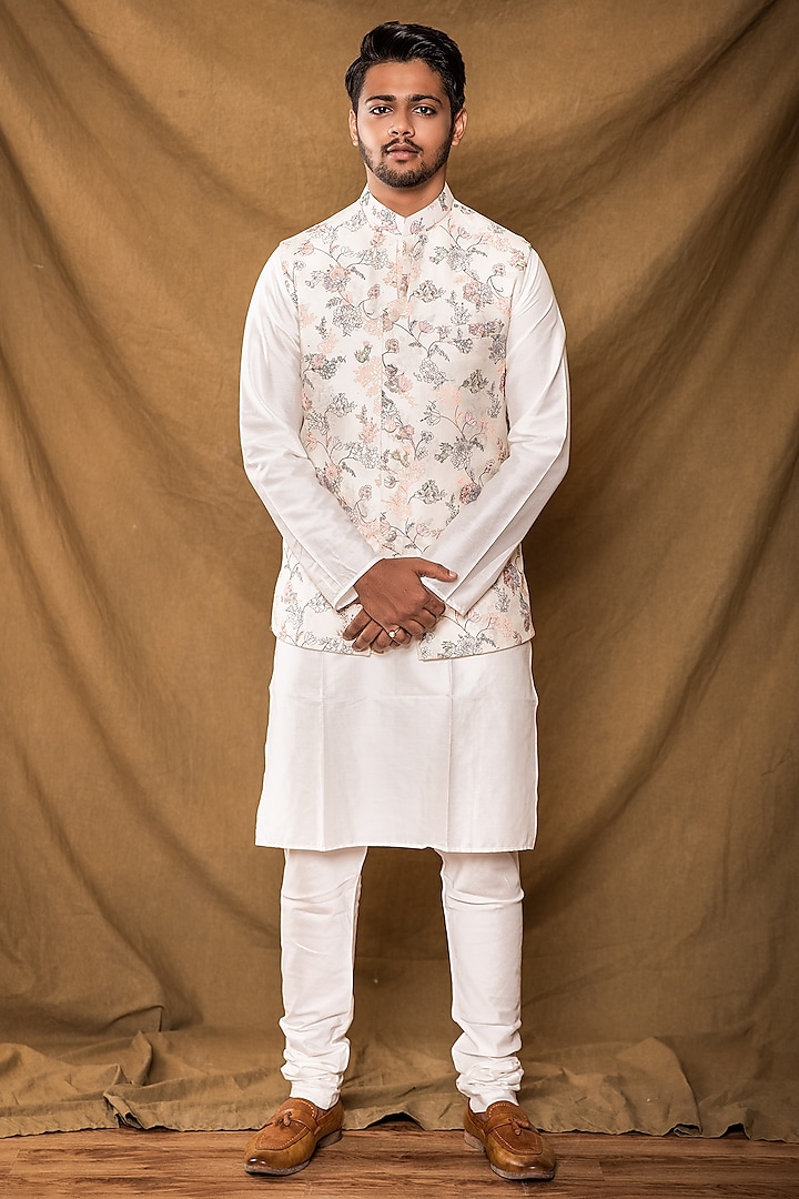 Cream Kurta Set With Printed Layered Nehru Jacket by Pesha Men