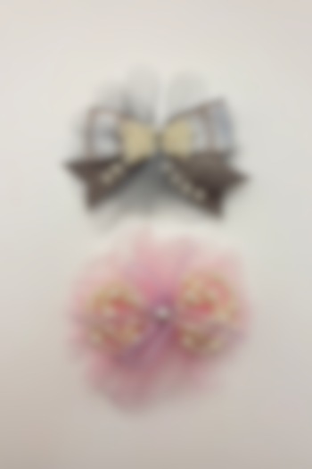 Pink & Grey Net Pearl Work Hair Bows For Girls (Set Of 2) by Petite & Posh at Pernia's Pop Up Shop