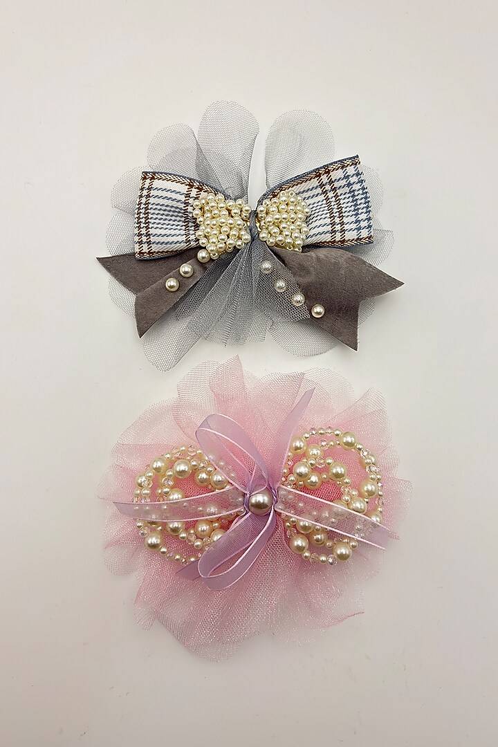 Pink & Grey Net Pearl Work Hair Bows For Girls (Set Of 2) by Petite & Posh at Pernia's Pop Up Shop