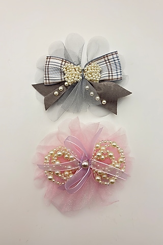 Pink & Grey Net Pearl Work Hair Bows For Girls (Set Of 2) by Petite & Posh