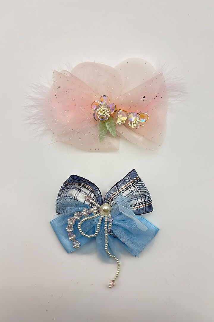 Peach & Blue Tulle Fur Hair Bow For Girls (Set Of 2) by Petite & Posh at Pernia's Pop Up Shop