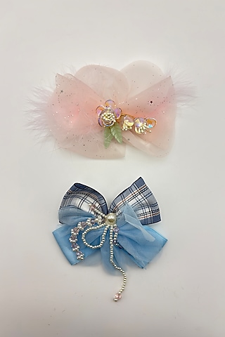 Peach & Blue Tulle Fur Hair Bow For Girls (Set Of 2) by Petite & Posh