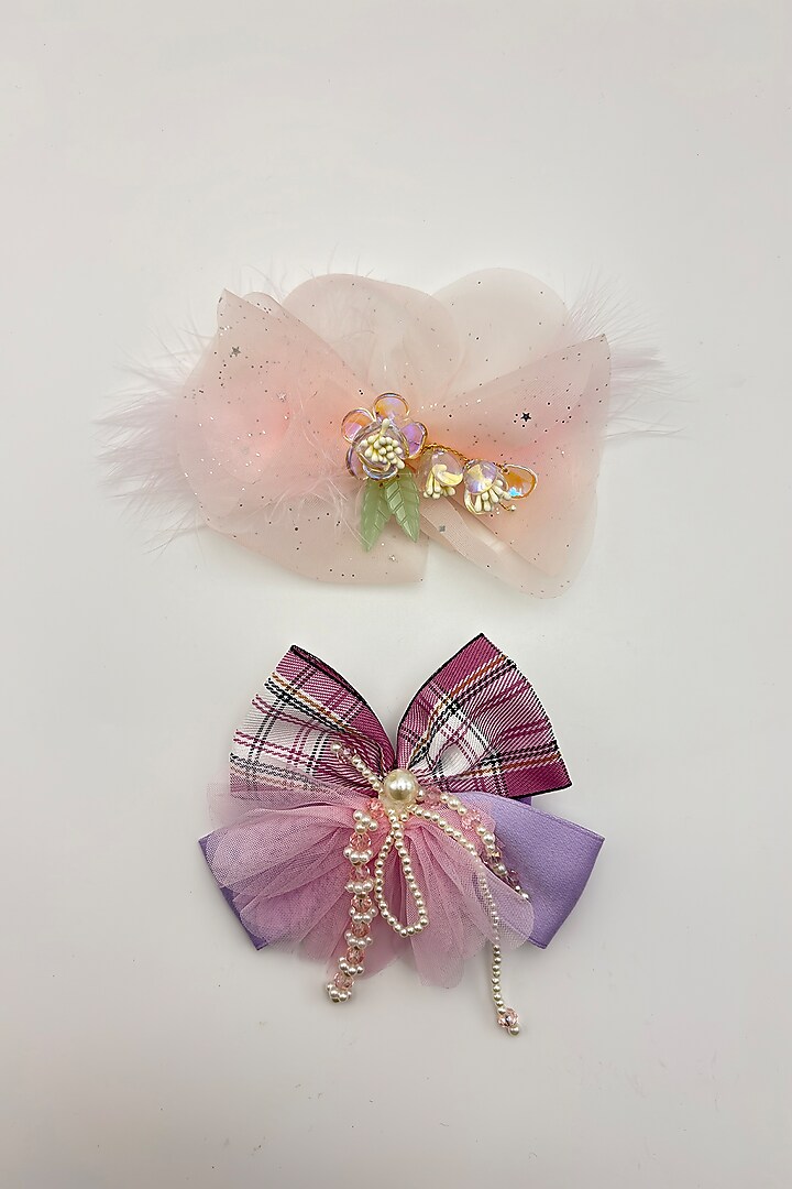 Baby Pink & Lilac Tulle Fur Hair Bows For Girls (Set Of 2) by Petite & Posh at Pernia's Pop Up Shop
