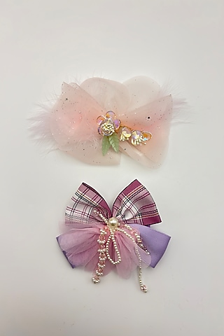 Baby Pink & Lilac Tulle Fur Hair Bows For Girls (Set Of 2) by Petite & Posh