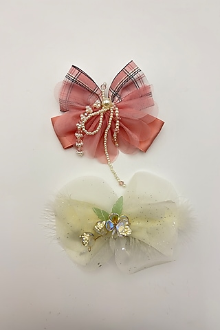 Beige & Peach Tulle Fur Hair Bows For Girls (Set Of 2) by Petite & Posh