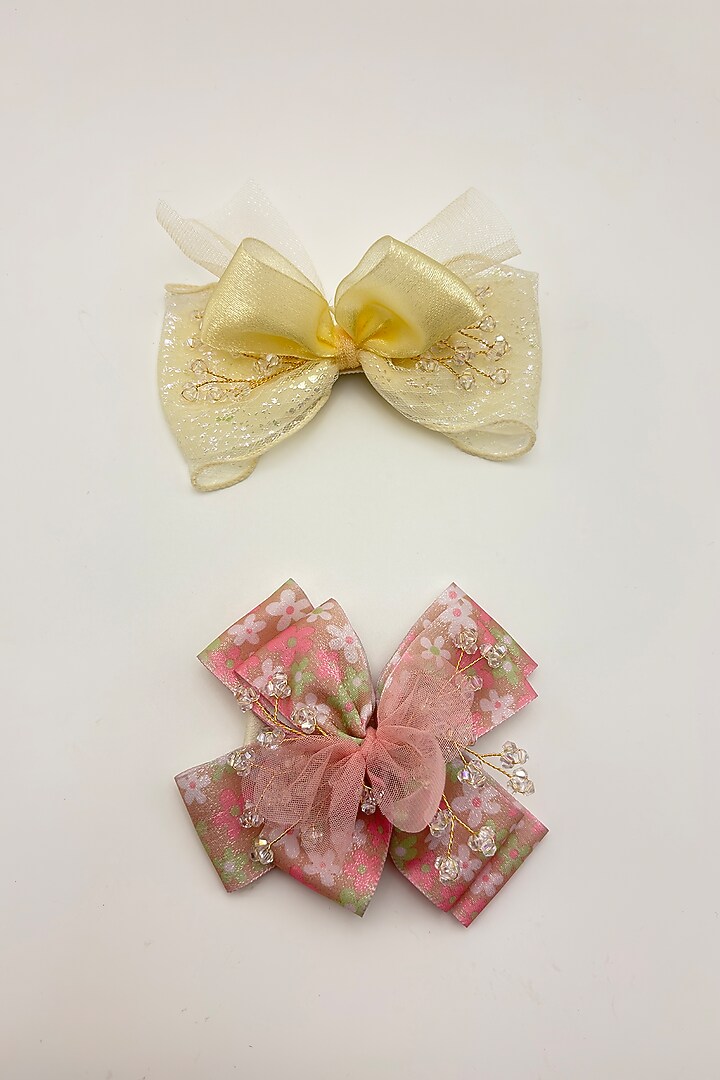 Gold & Rose Gold Organza Crystal Work Hair Bows For Girls (Set Of 2) by Petite & Posh at Pernia's Pop Up Shop