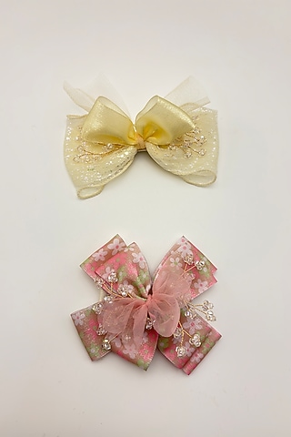 Gold & Rose Gold Organza Crystal Work Hair Bows For Girls (Set Of 2) by Petite & Posh
