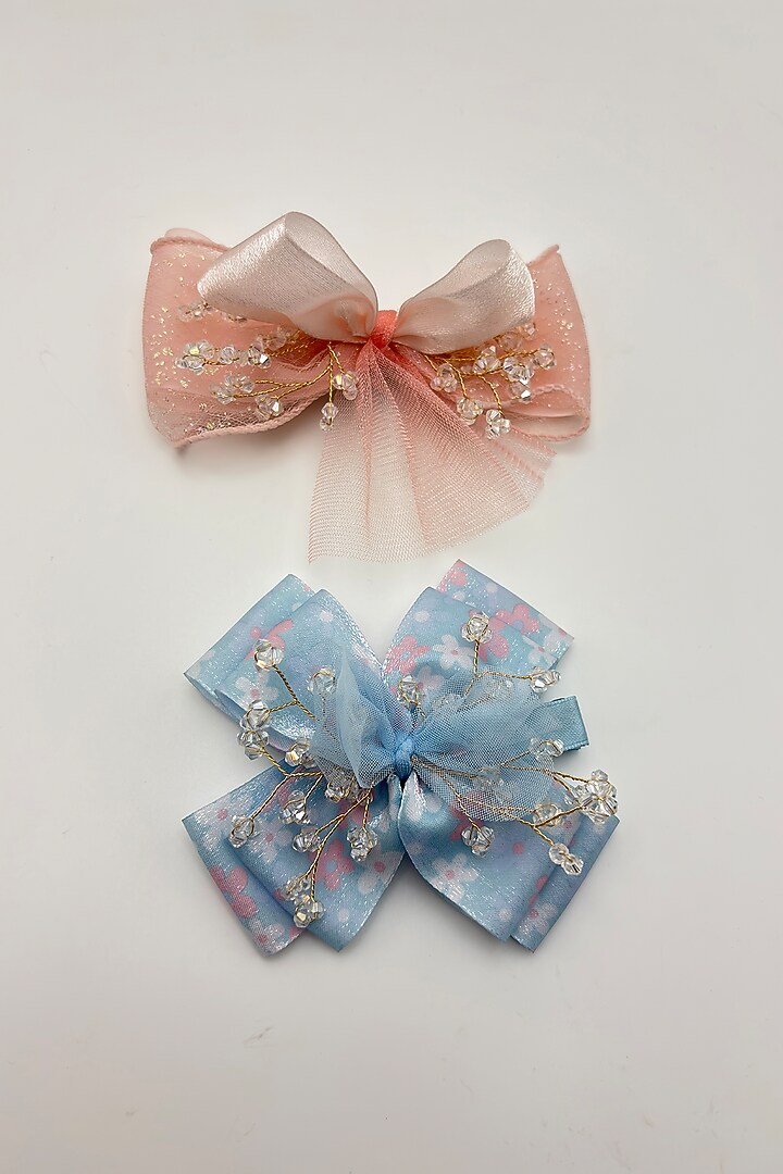 Baby Pink & Blue Organza Crystal Work Hair Bows For Girls (Set Of 2) by Petite & Posh at Pernia's Pop Up Shop