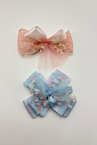 Baby Pink & Blue Organza Crystal Work Hair Bows For Girls (Set Of 2) by Petite & Posh