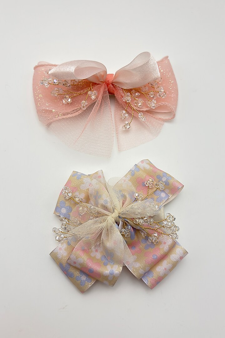 Peach & Gold Organza Crystal Work Hair Bows For Girls (Set Of 2) by Petite & Posh at Pernia's Pop Up Shop