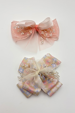 Peach & Gold Organza Crystal Work Hair Bows For Girls (Set Of 2) by Petite & Posh