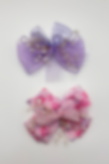 Lilac & Pink Organza Crystal Work Hair Bows For Girls (Set Of 2) by Petite & Posh at Pernia's Pop Up Shop