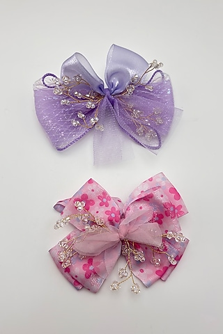 Lilac & Pink Organza Crystal Work Hair Bows For Girls (Set Of 2) by Petite & Posh