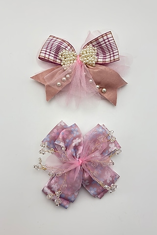 Lilac & Peach Tulle Crystal Work Hair Bows For Girls (Set Of 2) by Petite & Posh
