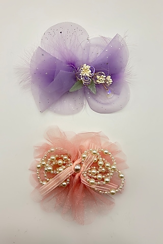 Peach & Purple Net Crystal Work Hair Bows For Girls (Set Of 2) by Petite & Posh