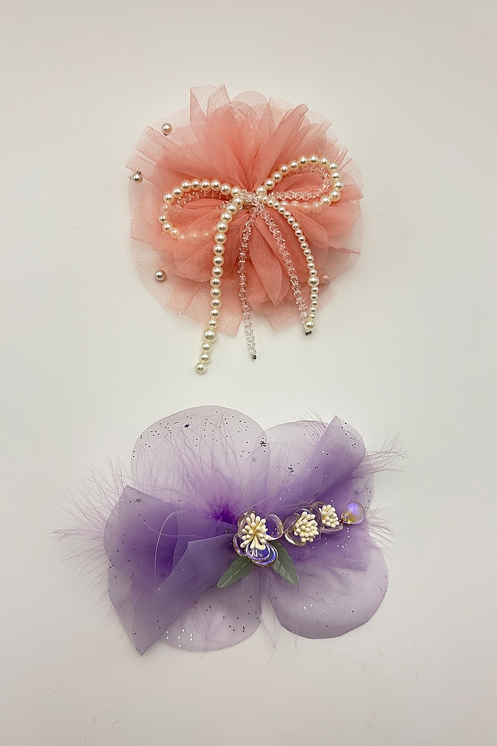 Peach & Purple Net Crystal Work Hair Bows For Girls (Set Of 2) by Petite & Posh at Pernia's Pop Up Shop