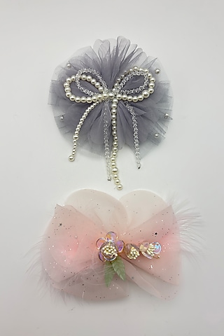 Grey & Peach Tulle Fur Hair Bows For Girls (Set Of 2) by Petite & Posh