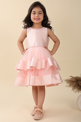 Peach Poly Silk Tiered Dress For Girls by A.T.U.N. (All Things Uber Nice)