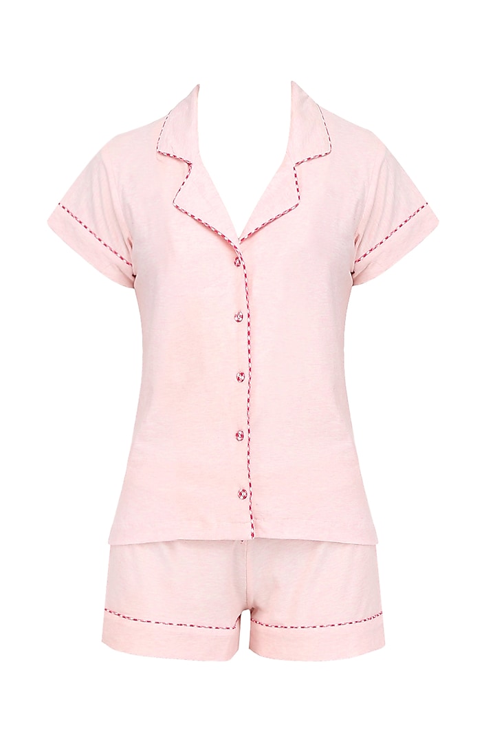 Baby Pink and Red Lace Trims Nightuit Shirt and Shorts Set by Perch