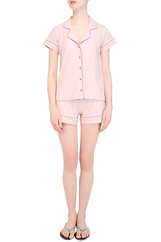 Baby Pink and Red Lace Trims Nightuit Shirt and Shorts Set by Perch
