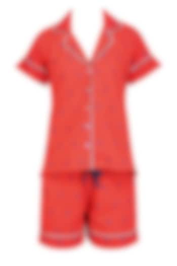 Red and Navy Blue Flamingos Printed Nightsuit Shirt and Shorts Set by Perch