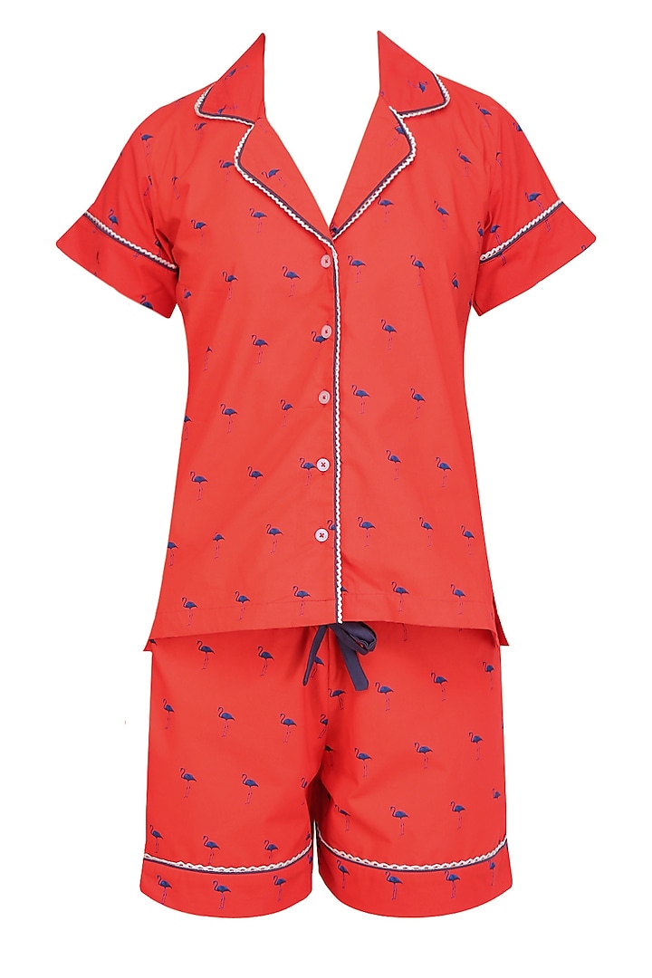 Red and Navy Blue Flamingos Printed Nightsuit Shirt and Shorts Set by Perch