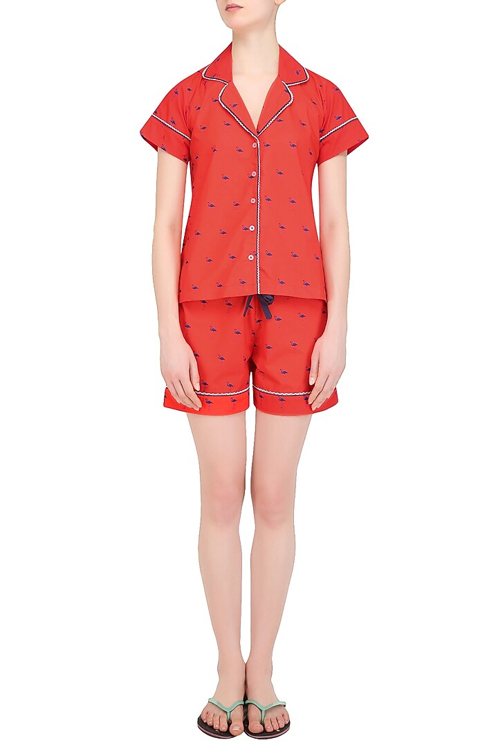 Red and navy blue flamingos printed nightsuit shirt and shorts set available only at Pernia's Pop Up Shop.