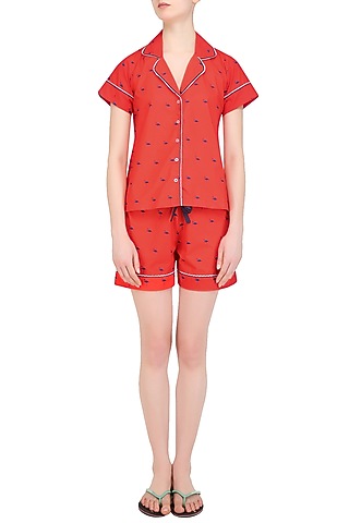 Red and Navy Blue Flamingos Printed Nightsuit Shirt and Shorts Set by Perch