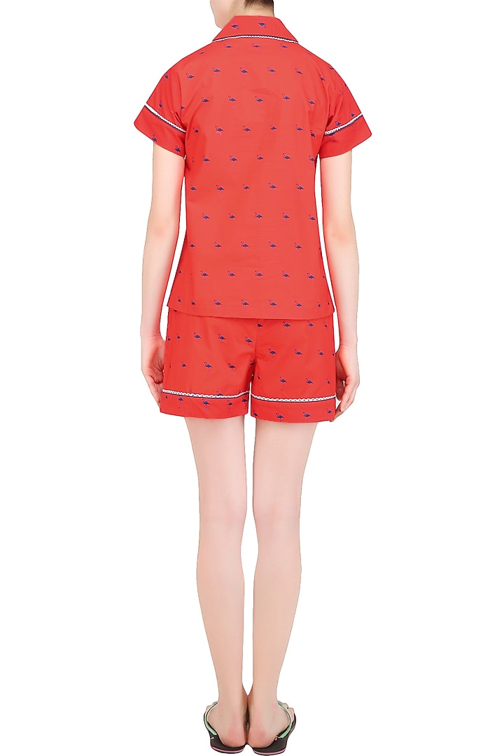 Red and navy blue flamingos printed nightsuit shirt and shorts set available only at Pernia's Pop Up Shop.