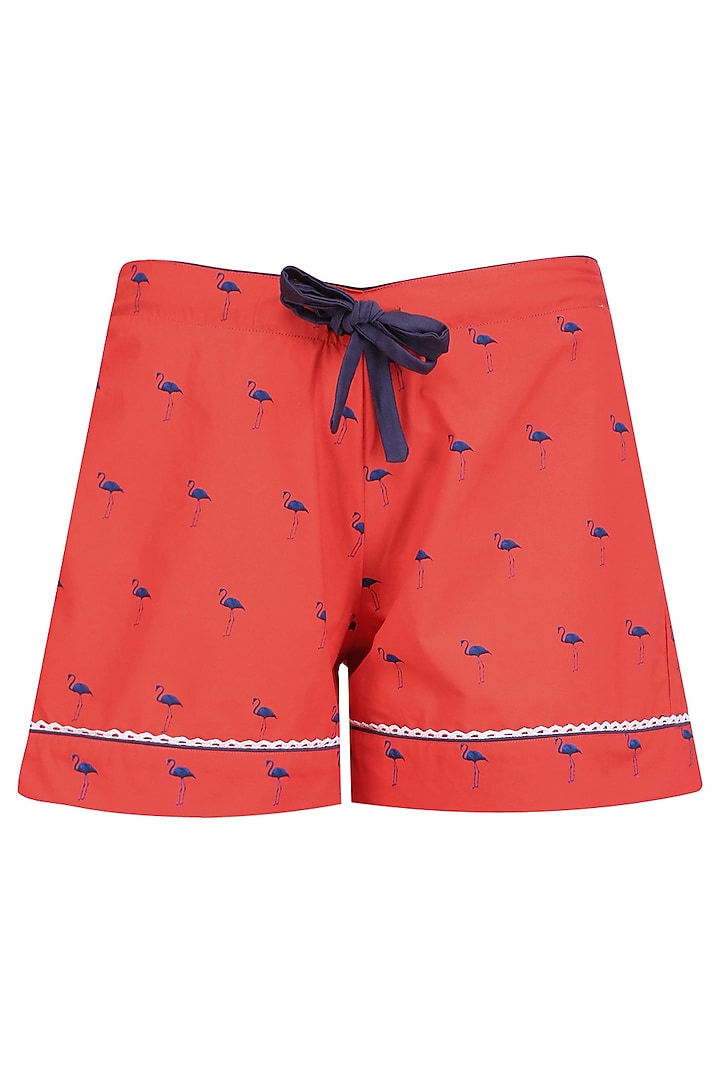 Red and navy blue flamingos printed nightsuit shirt and shorts set available only at Pernia's Pop Up Shop.